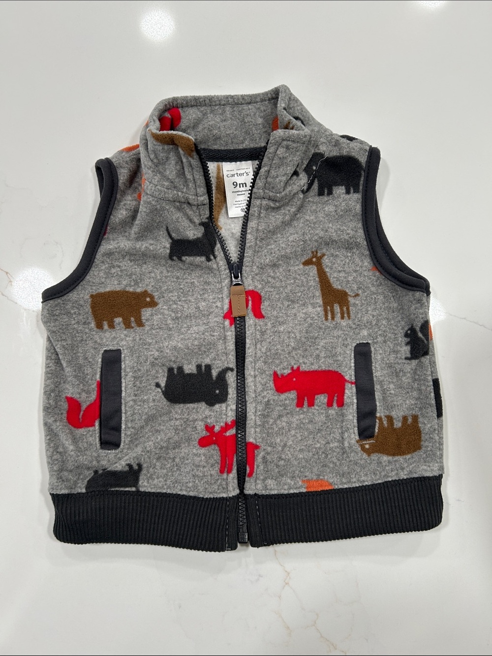 Carter's Grey Fleece Vest with Red and Brown Animal Motifs